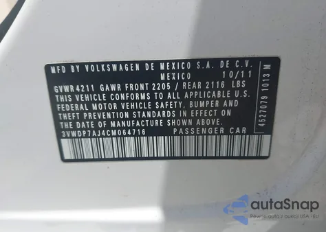 2012 Volkswagen Jetta 2.5L Se from USA, damaged, VIN 3VWDP7AJ4CM064716